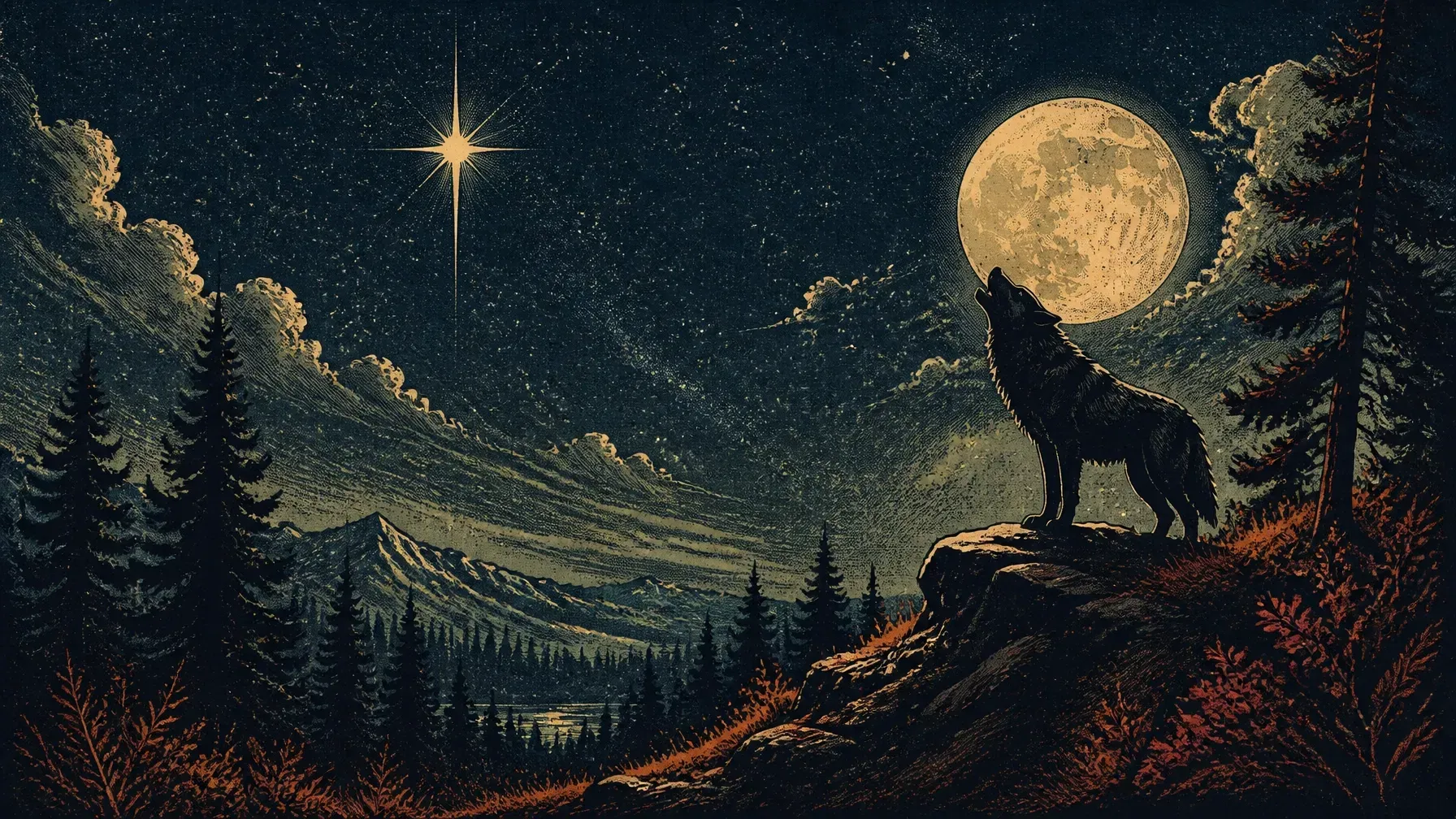 A lone wolf howling at a luminous full moon from a mountain ridge beneath a starry sky